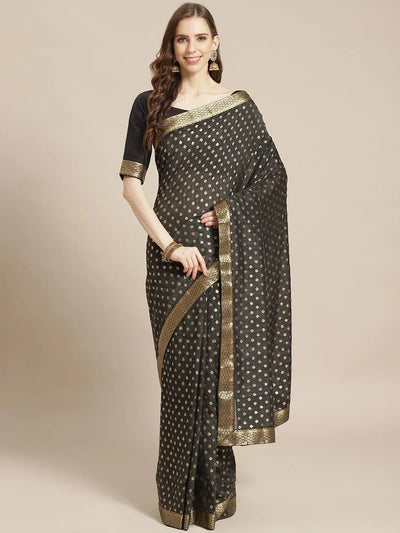 Black Printed Polyester Saree - Libas