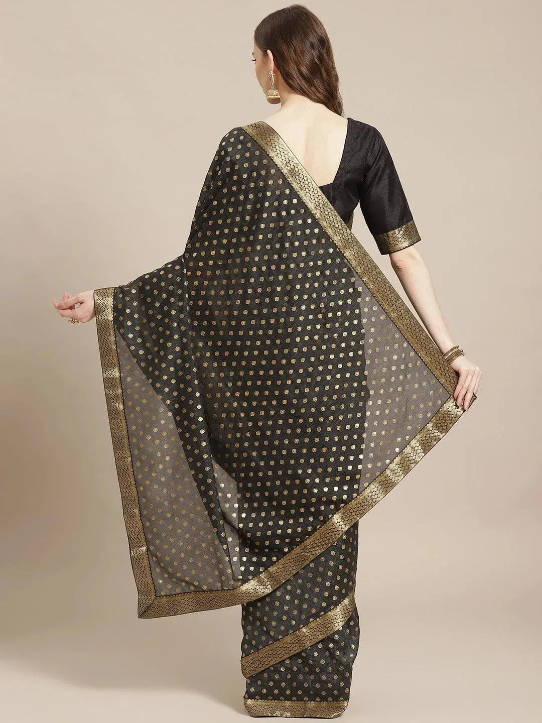 Black Printed Polyester Saree - Libas