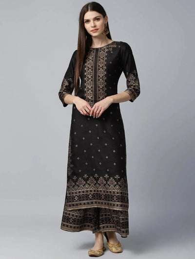 Black Printed Polyester Kurta Set - Libas