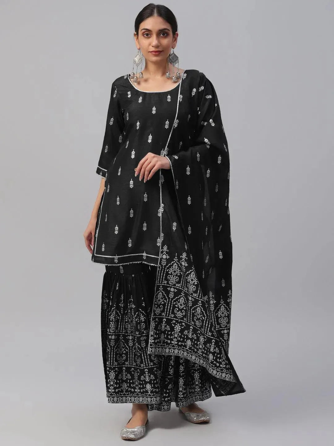 Black Printed Polyester Suit Set - Libas