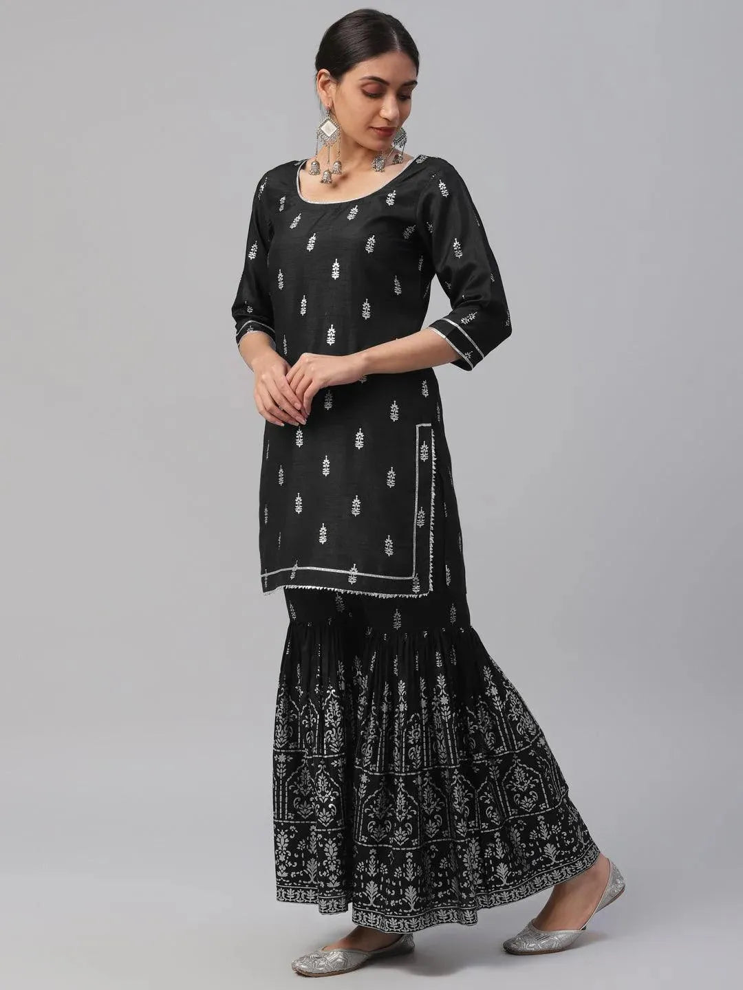 Black Printed Polyester Suit Set - Libas 