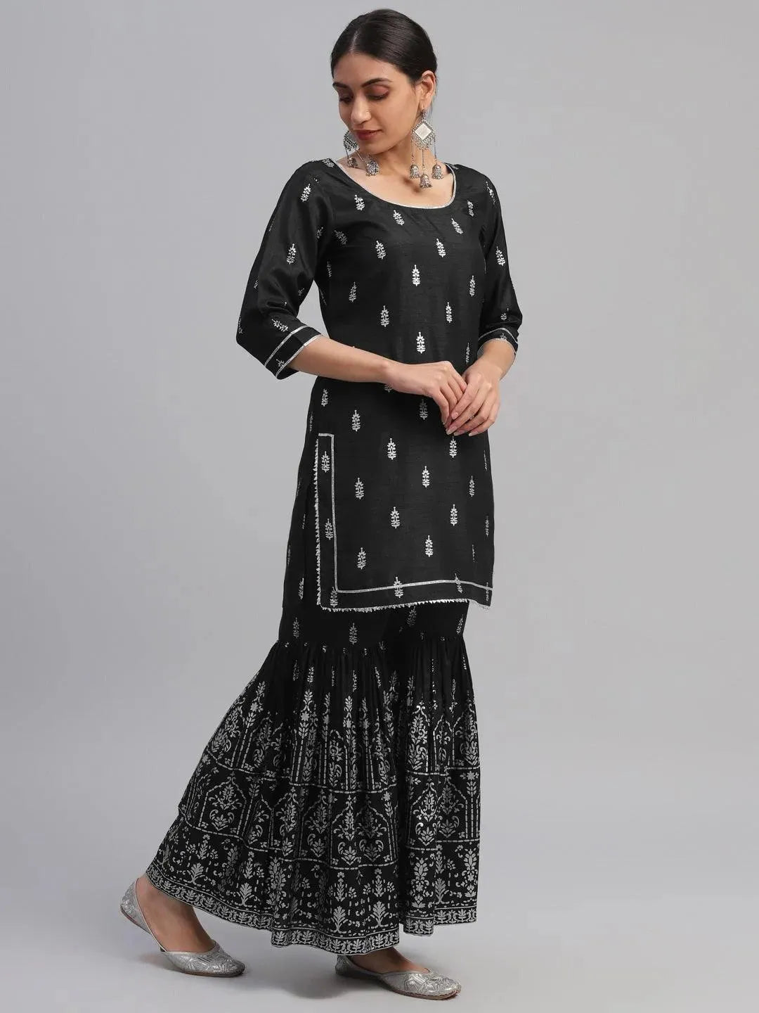 Black Printed Polyester Suit Set - Libas