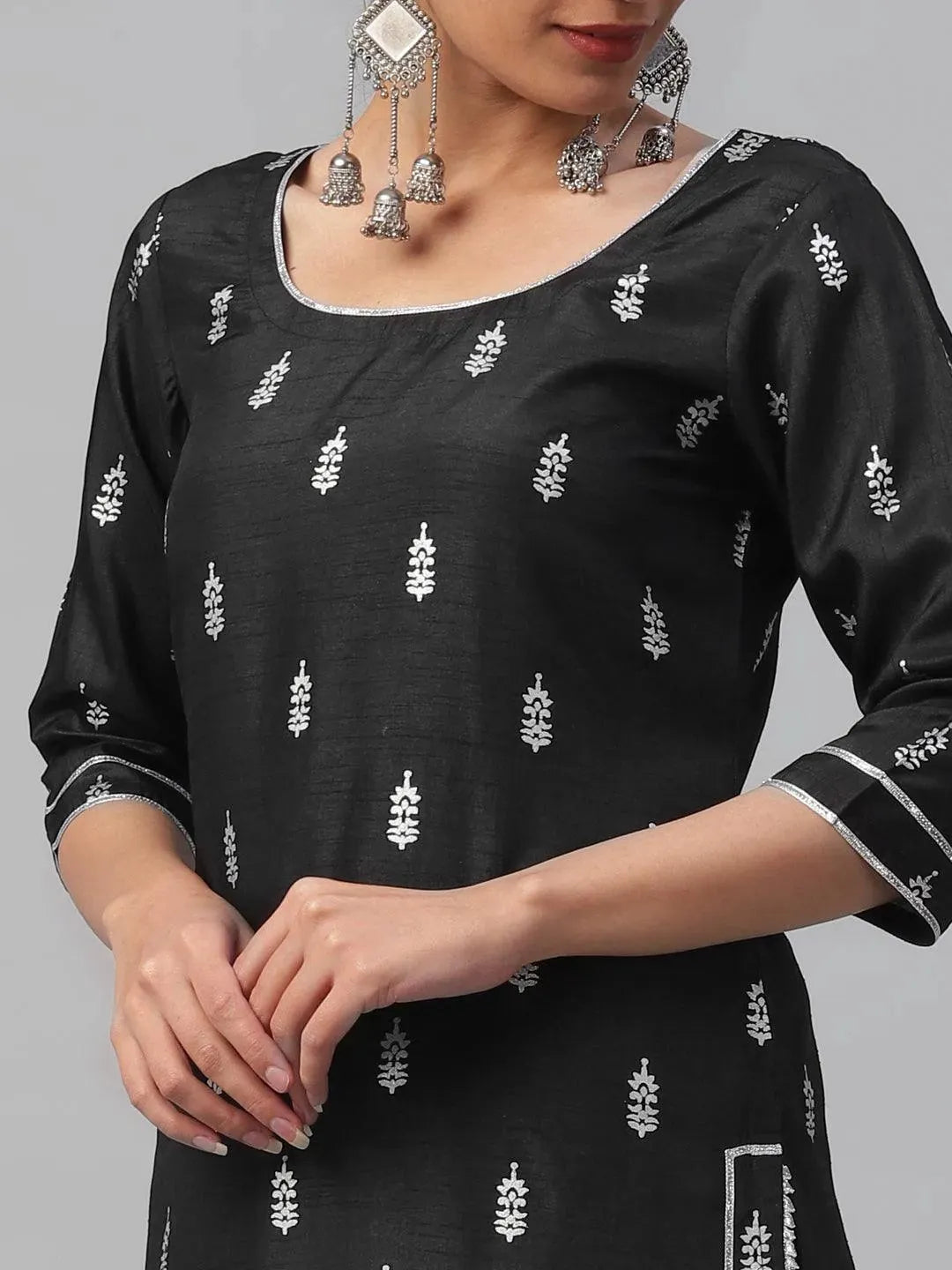 Black Printed Polyester Suit Set - Libas 