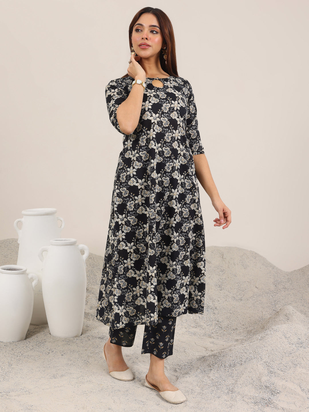  Black Printed Pure Cotton Straight Kurta Set 