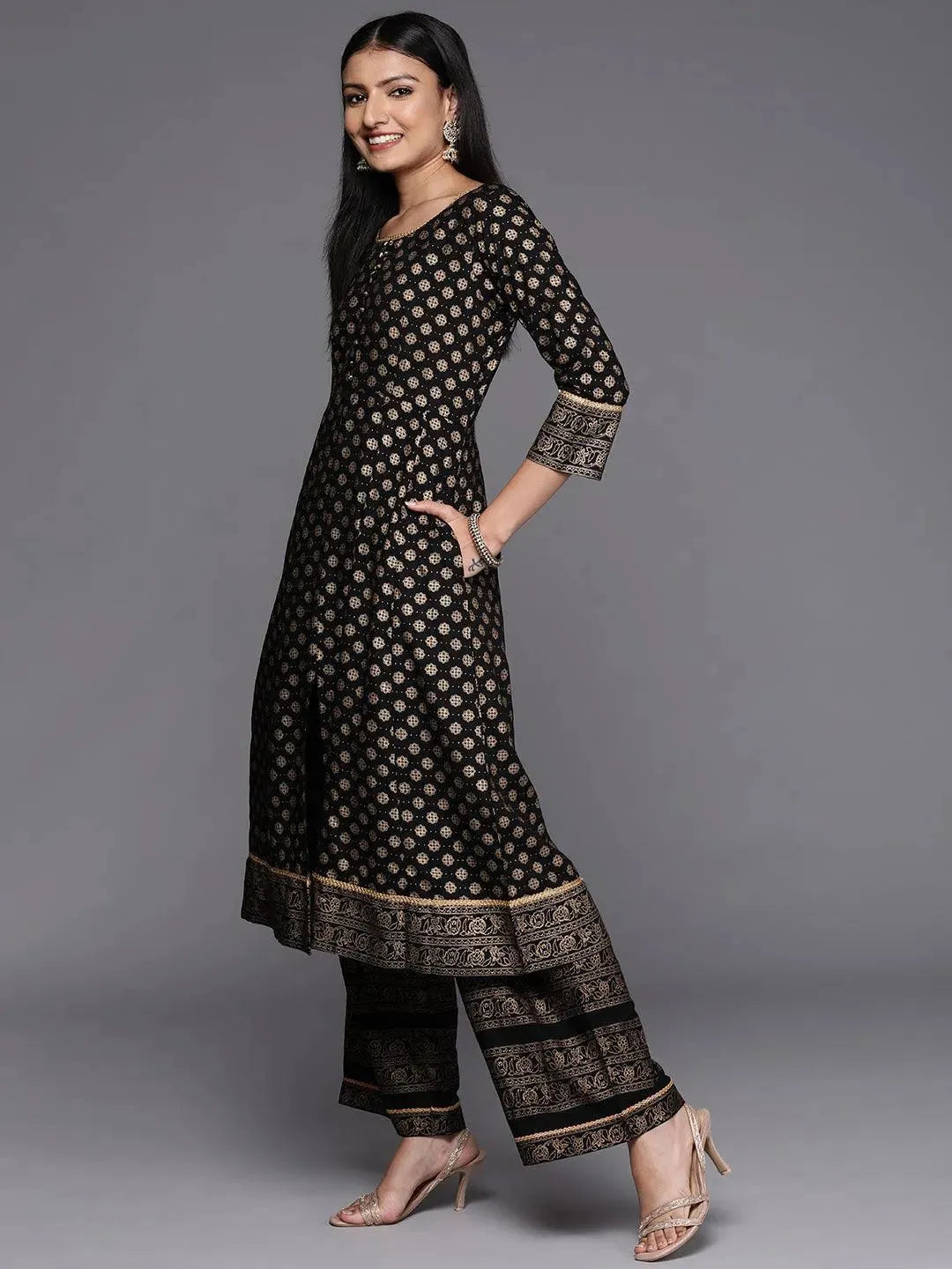 Black Printed Rayon A-Line Kurta - Libas 