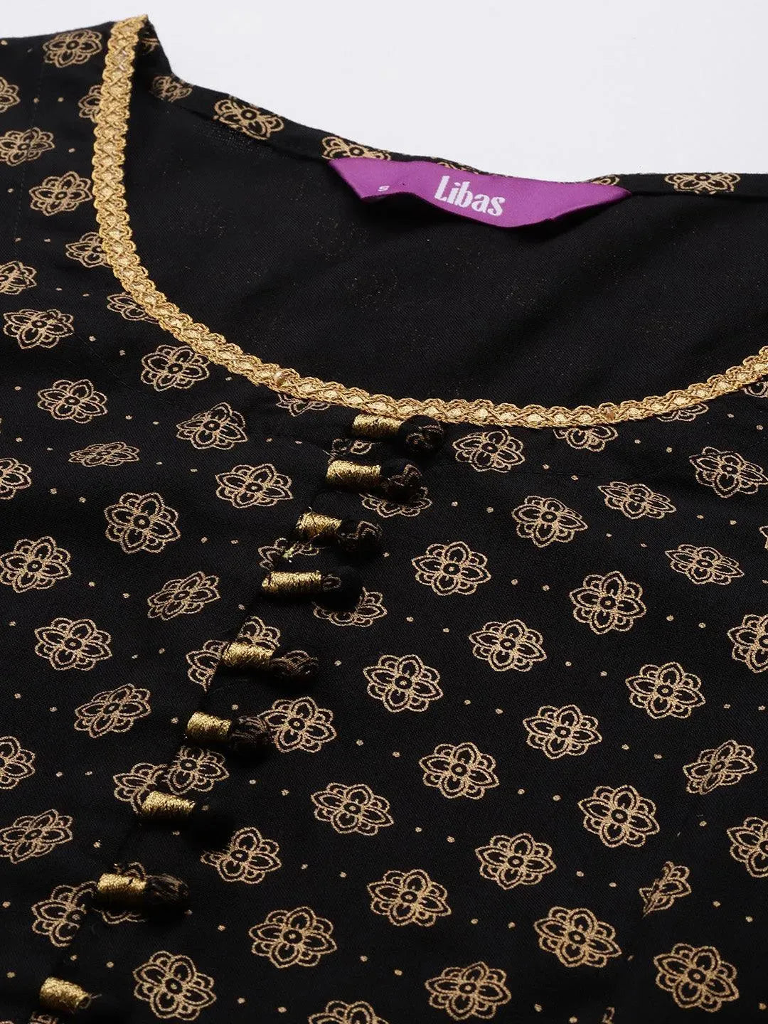 Black Printed Rayon A-Line Kurta - Libas 