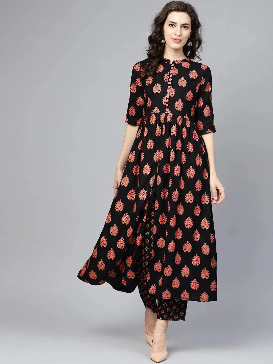 Black Printed Rayon Kurta Set - Libas