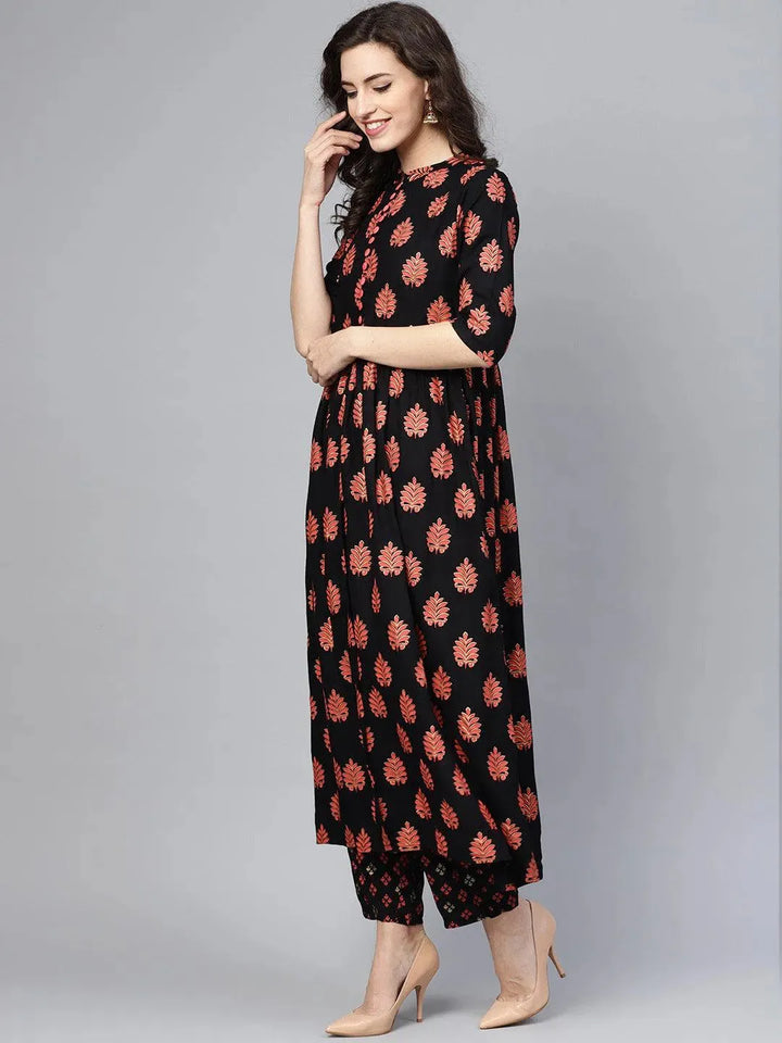 Black Printed Rayon Kurta Set - Libas