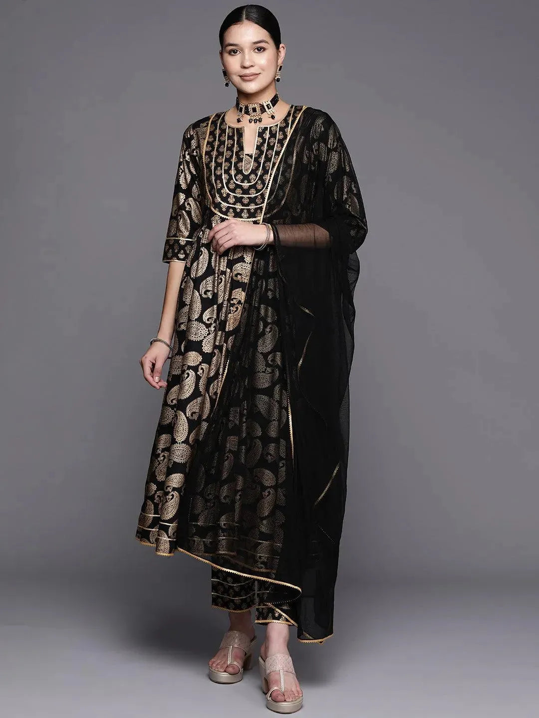 

Black Printed Rayon Anarkali Kurta With Trousers & Dupatta