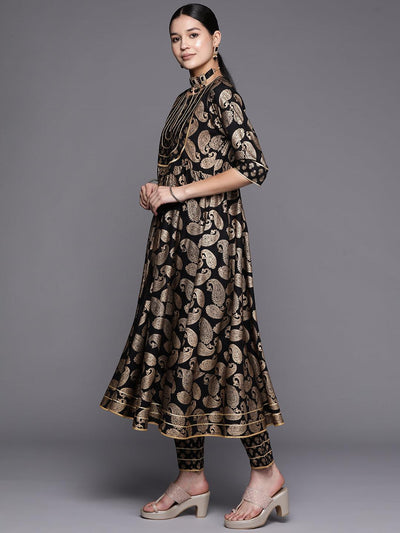 Black Printed Rayon Anarkali Suit Set With Trousers - Libas