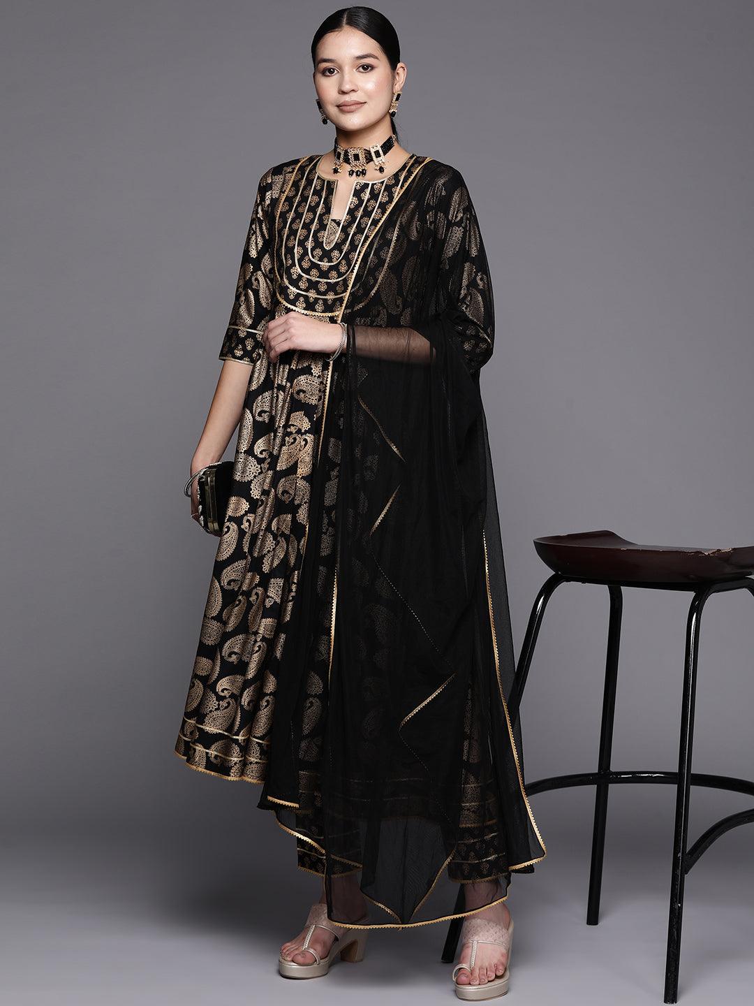 Black Printed Rayon Anarkali Suit Set With Trousers - Libas