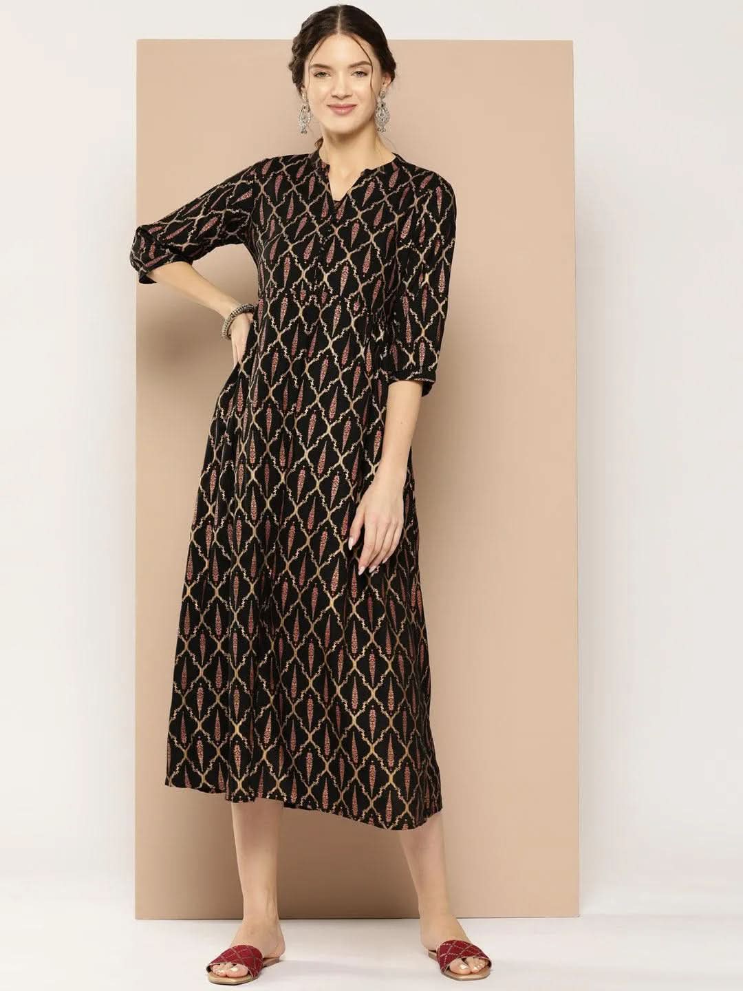 

Black Printed Rayon Fit and Flare Dress