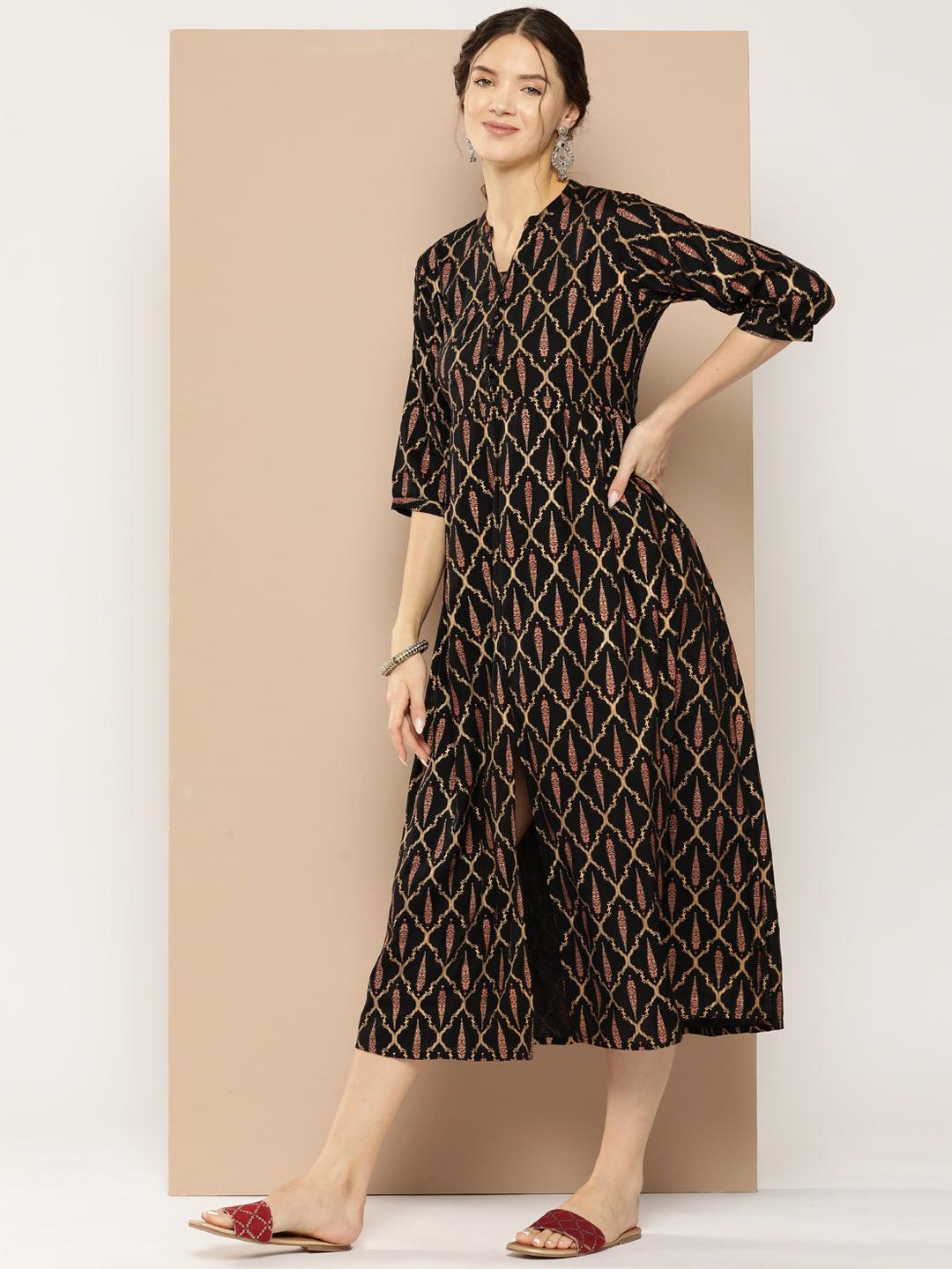 Black Printed Rayon Fit and Flare Dress