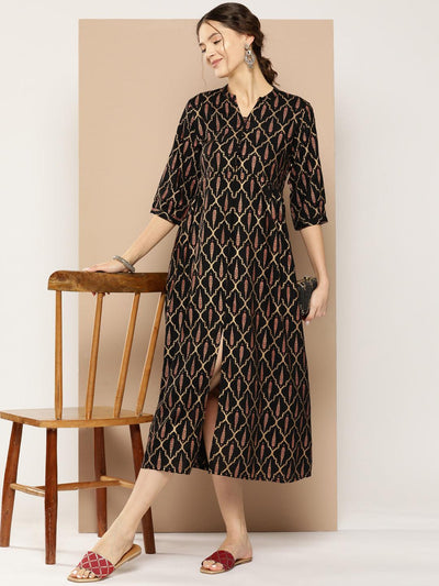 Black Printed Rayon Fit and Flare Dress - Libas