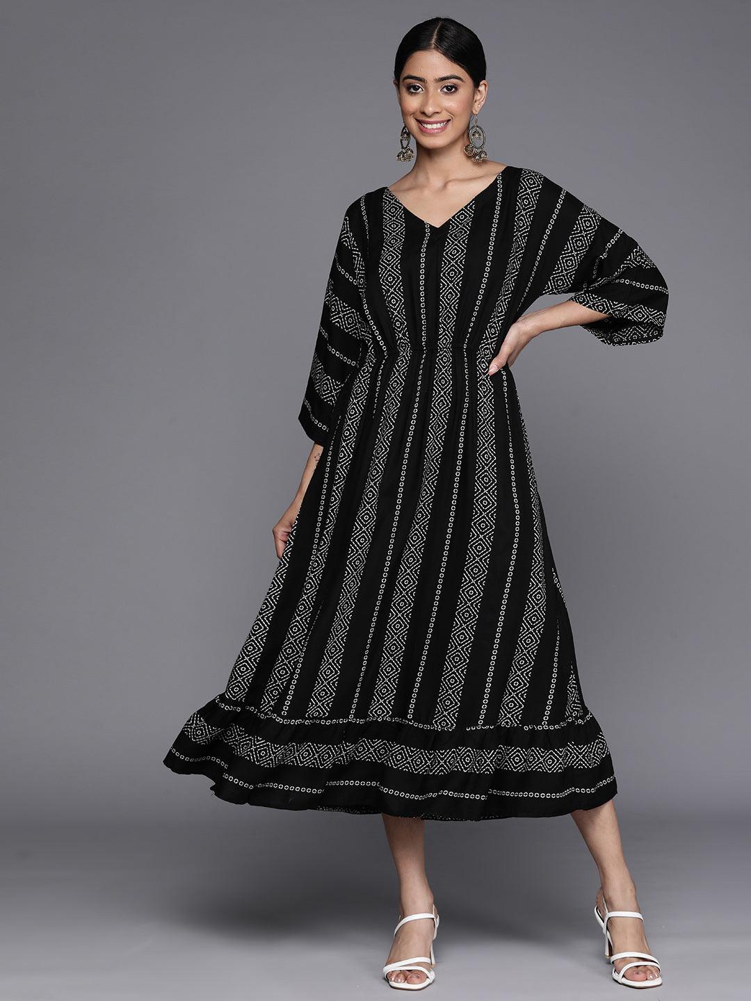 Black Printed Rayon Fit and Flared Dress - Libas