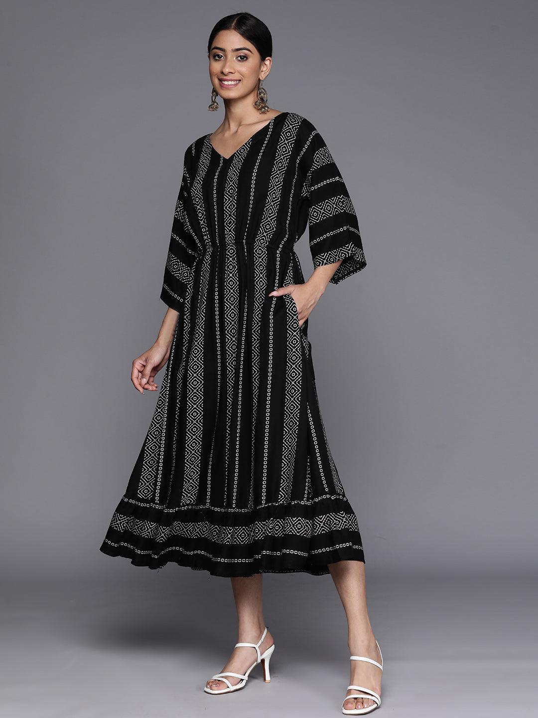 Black Printed Rayon Fit and Flared Dress - Libas