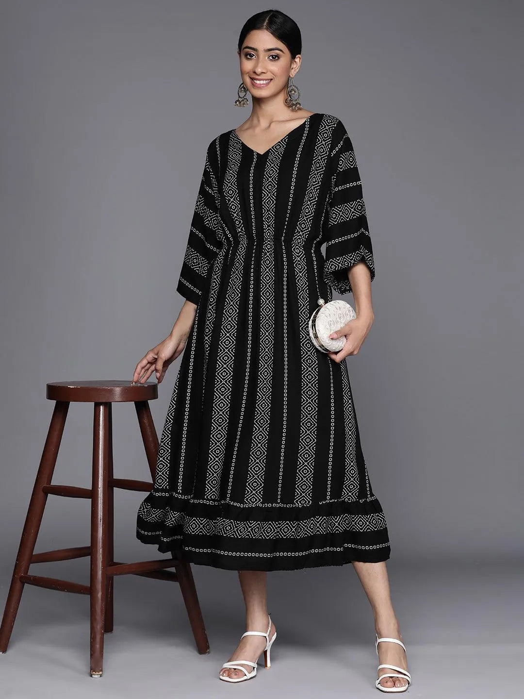 Black Printed Rayon Fit and Flared Dress - Libas 