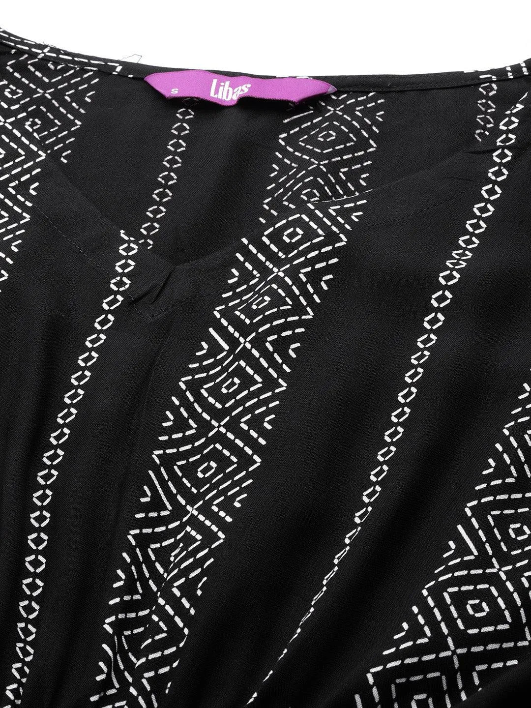 Black Printed Rayon Fit and Flared Dress - Libas 