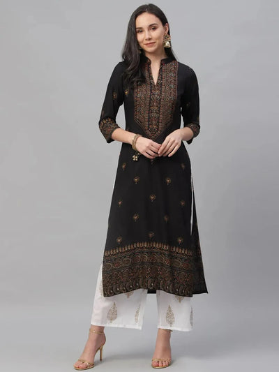 Black Printed Rayon Kurta - Libas