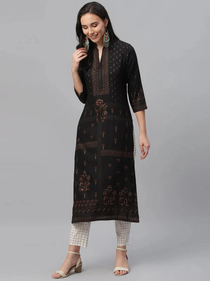 Black Printed Rayon Kurta - Libas