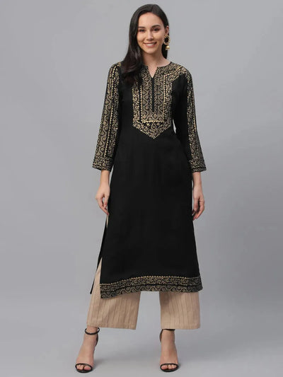 Black Printed Rayon Kurta - Libas