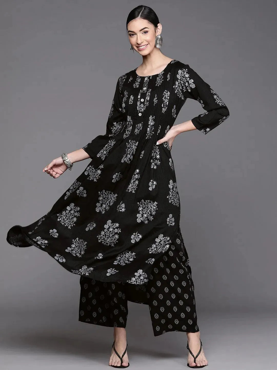 Black Printed Rayon Kurta - Libas