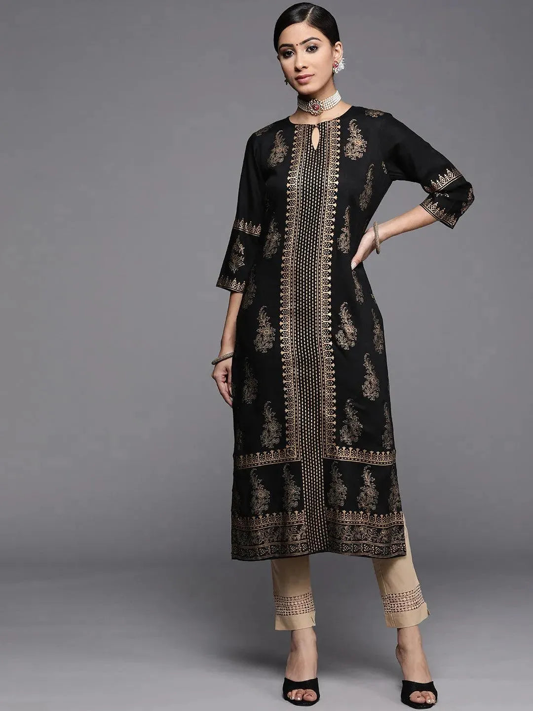 Black Printed Rayon Kurta - Libas