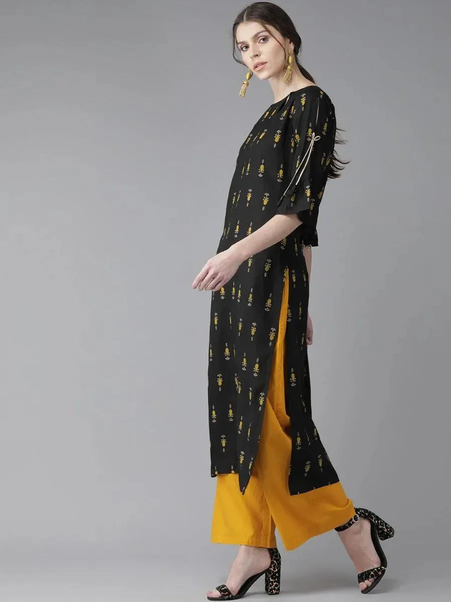 Black Printed Rayon Kurta - Libas 