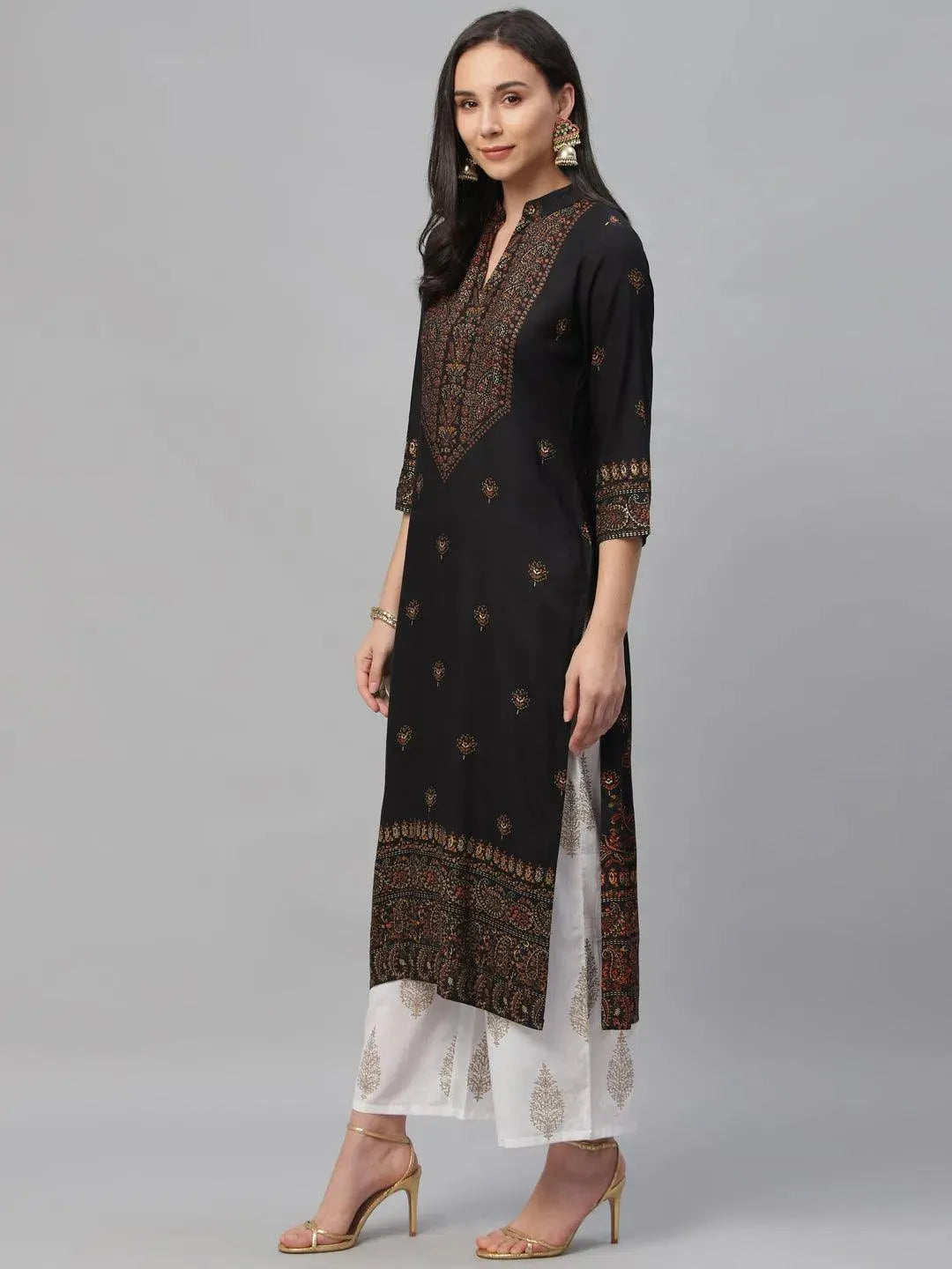 Black Printed Rayon Kurta - Libas 