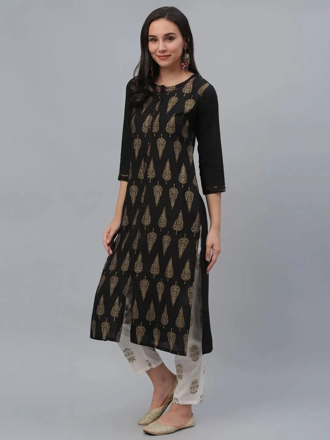 Black Printed Rayon Kurta - Libas 