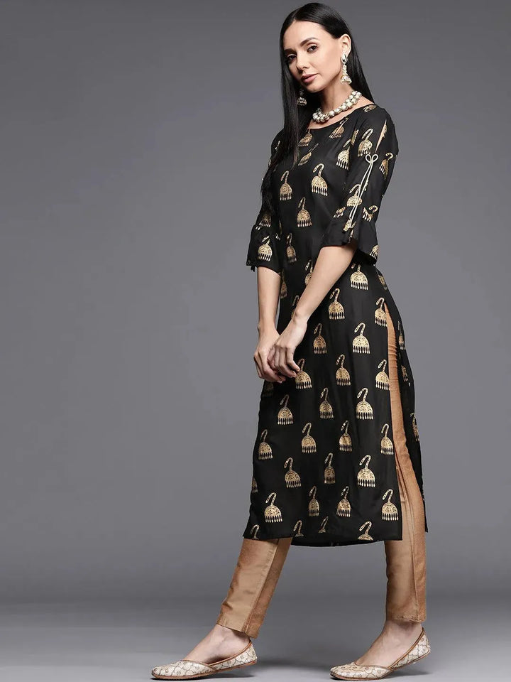 Black Printed Rayon Kurta - Libas