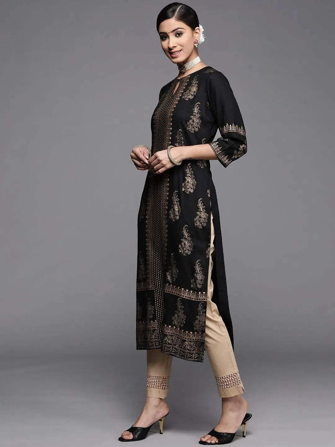 Black Printed Rayon Kurta - Libas