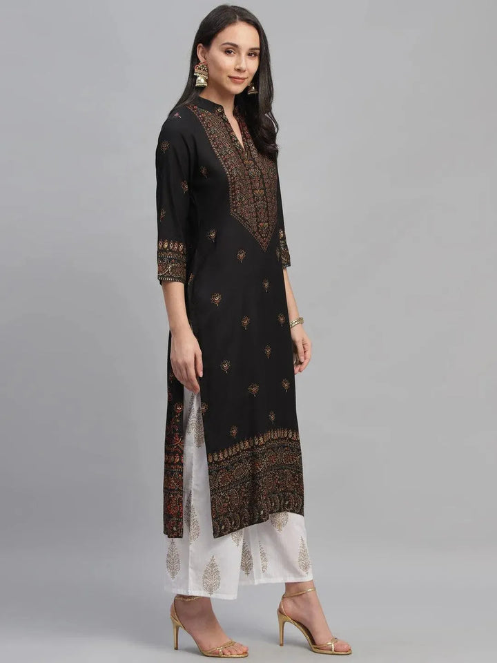 Black Printed Rayon Kurta - Libas