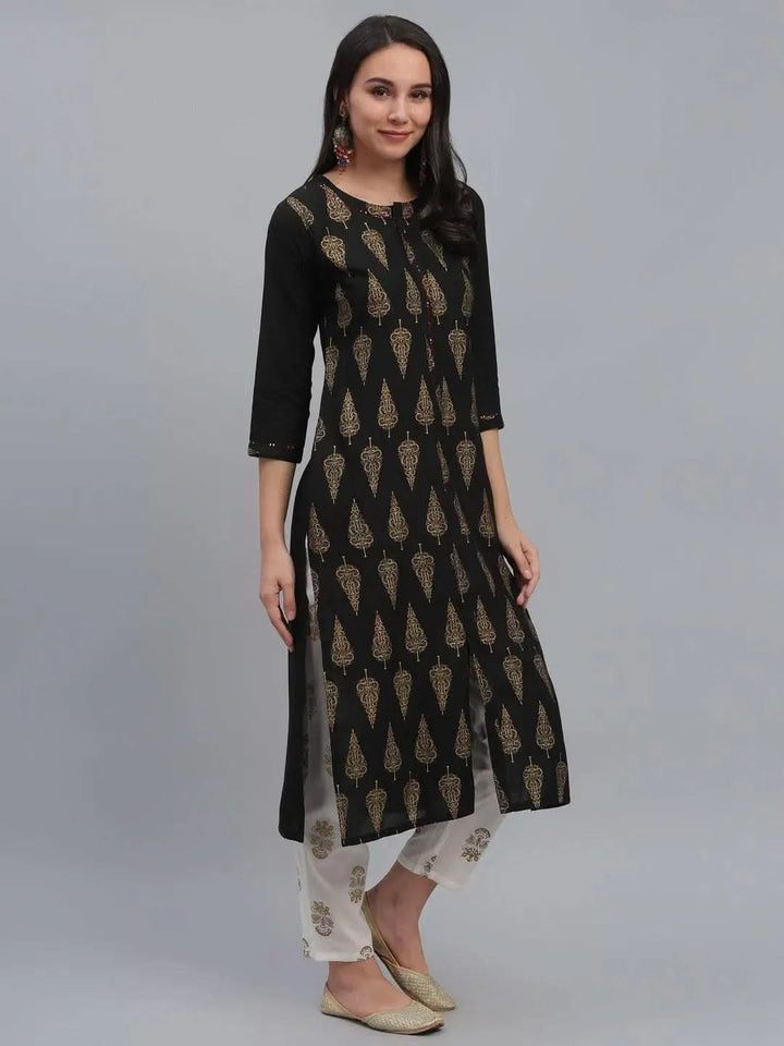 Black Printed Rayon Kurta - Libas