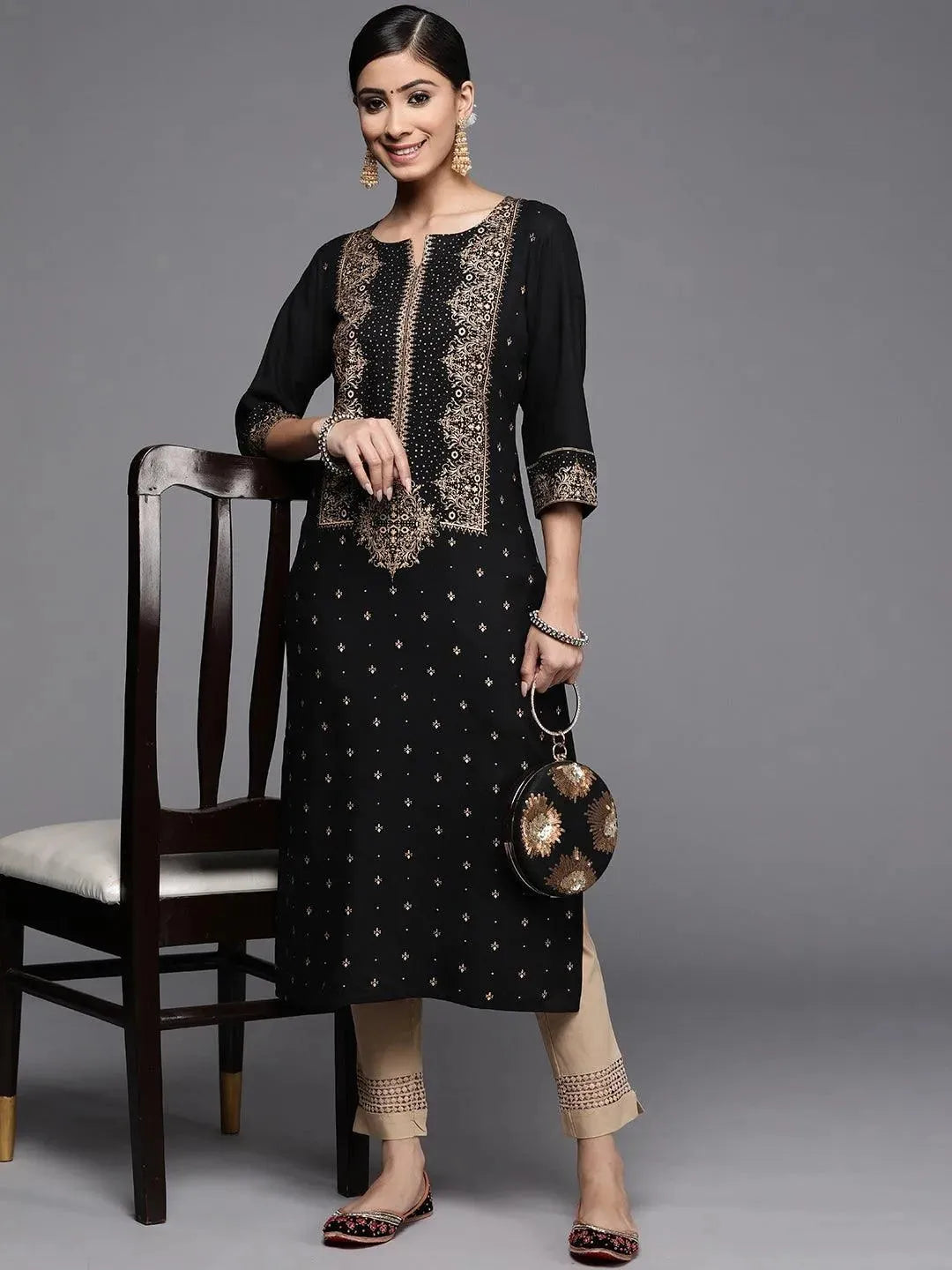 Black Printed Rayon Kurta - Libas