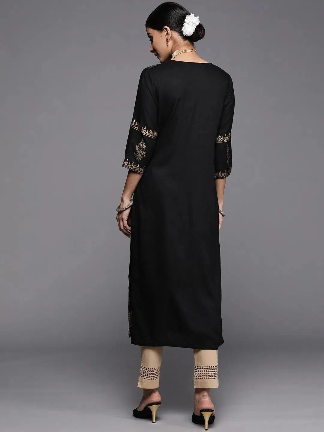 Black Printed Rayon Kurta - Libas