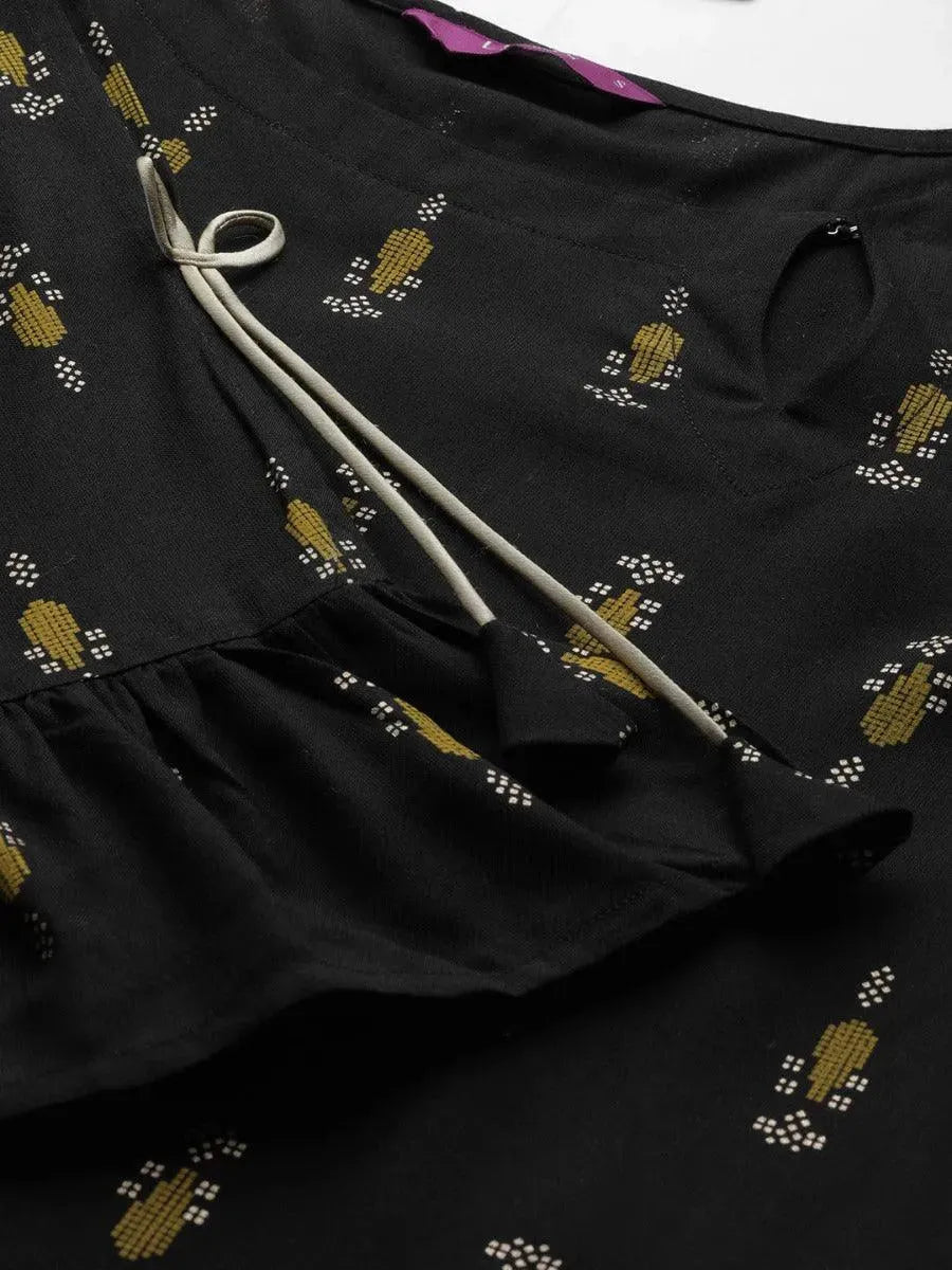 Black Printed Rayon Kurta - Libas 