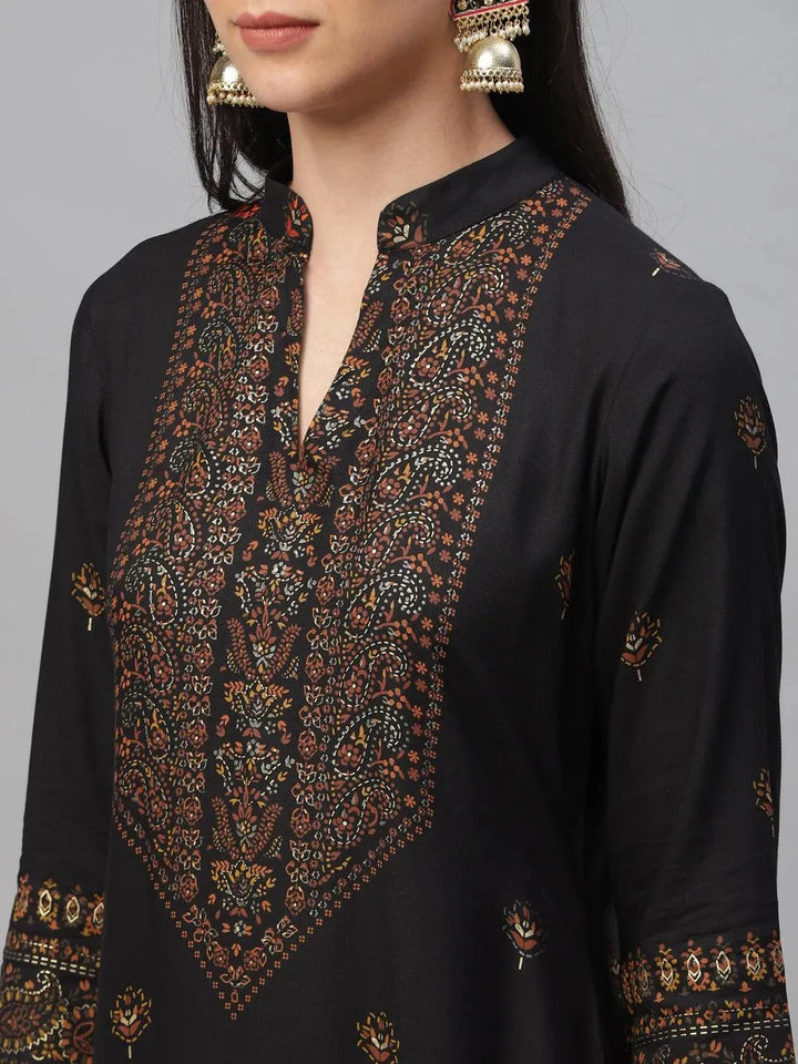 Black Printed Rayon Kurta - Libas