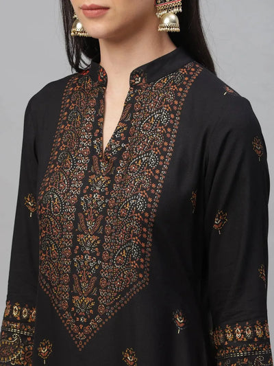 Black Printed Rayon Kurta - Libas