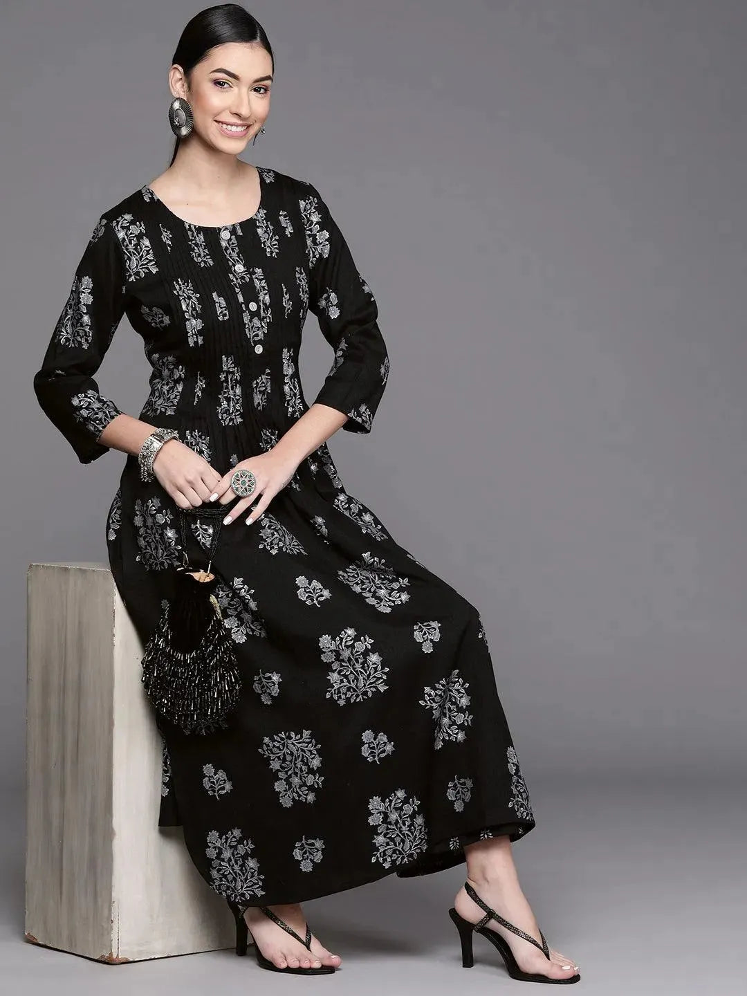 Black Printed Rayon Kurta - Libas 