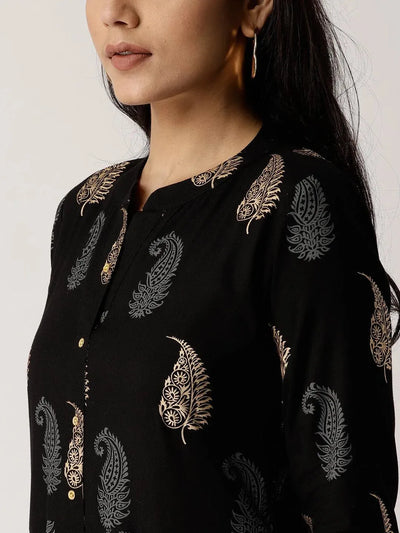 Black Printed Rayon Kurta - Libas