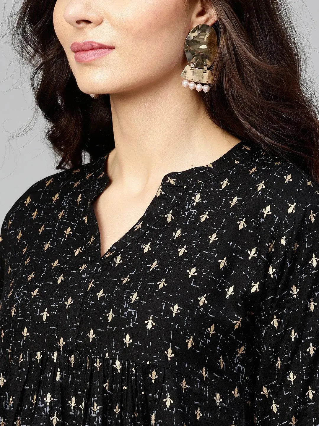 Black Printed Rayon Kurti - Libas 