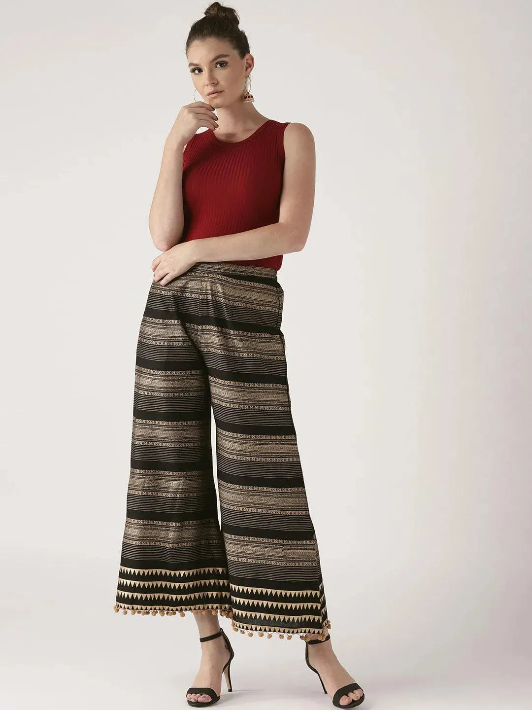 Black Printed Rayon Palazzos - Libas 