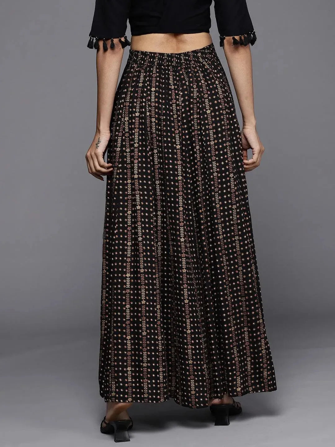 Black Printed Rayon Skirt - Libas 