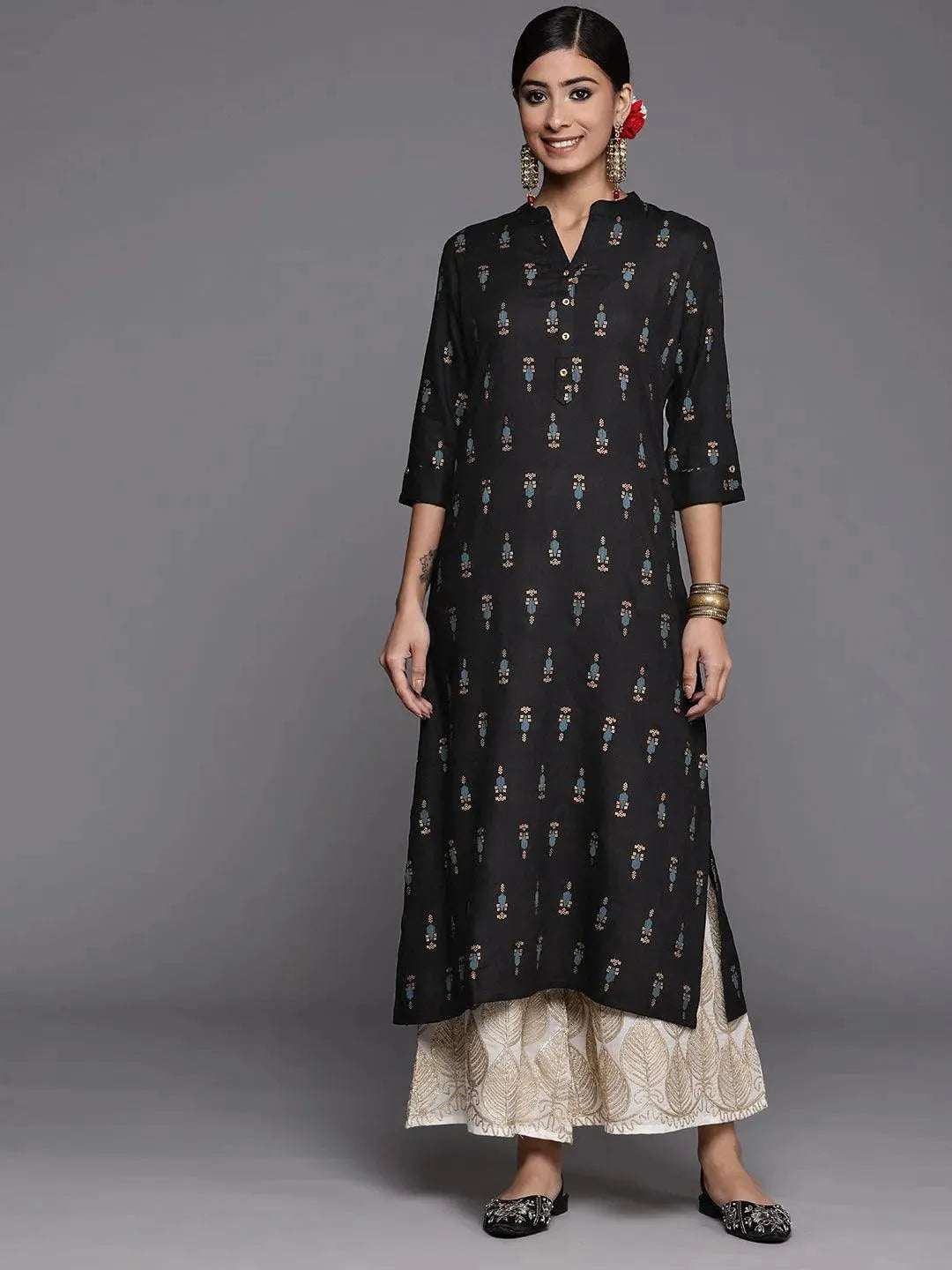 Black Printed Rayon Straight Kurta - Libas