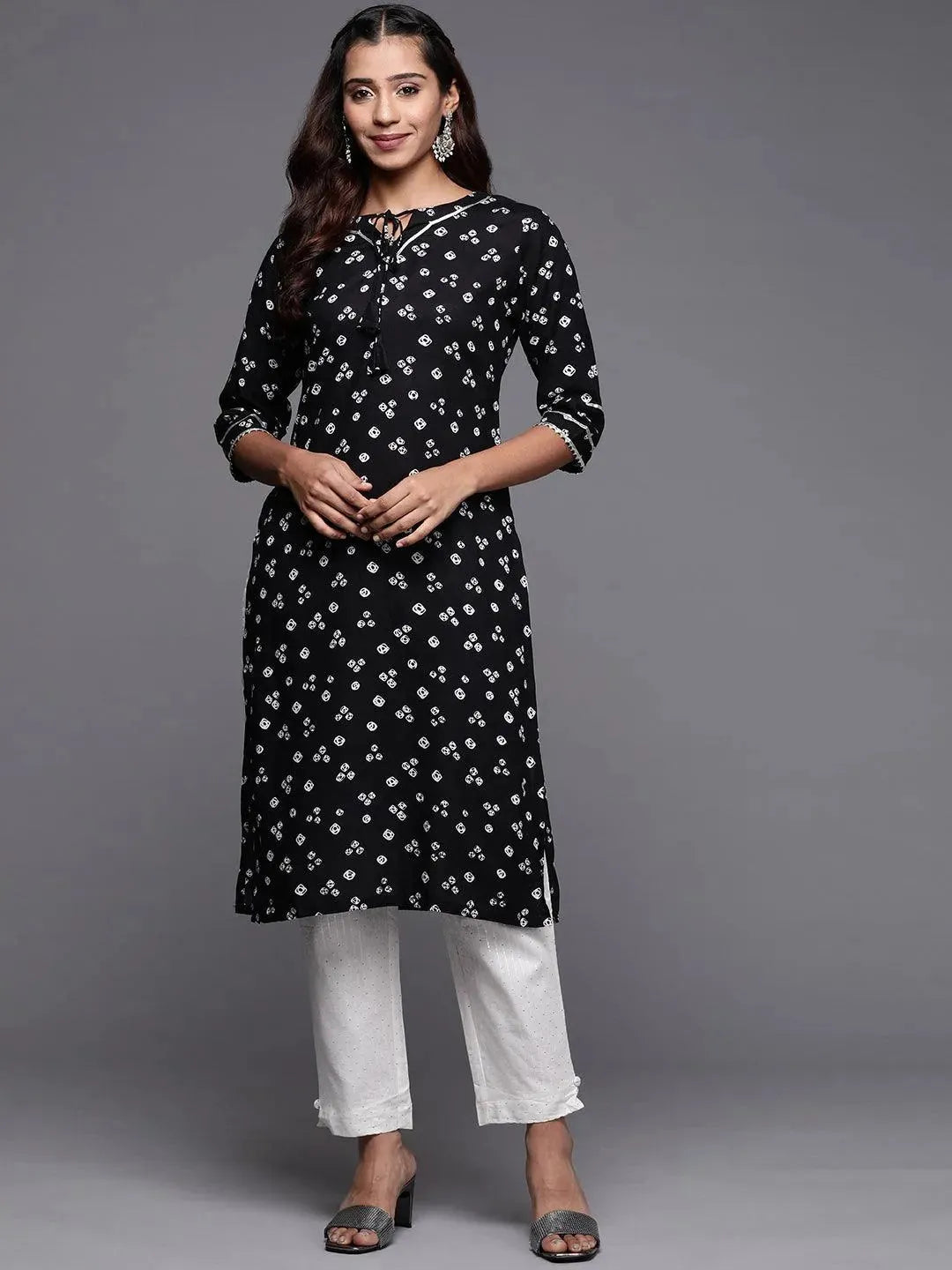 Black Printed Rayon Straight Kurta - Libas
