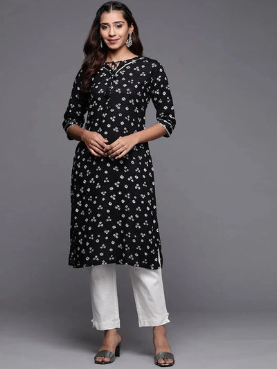 Black Printed Rayon Straight Kurta - Libas