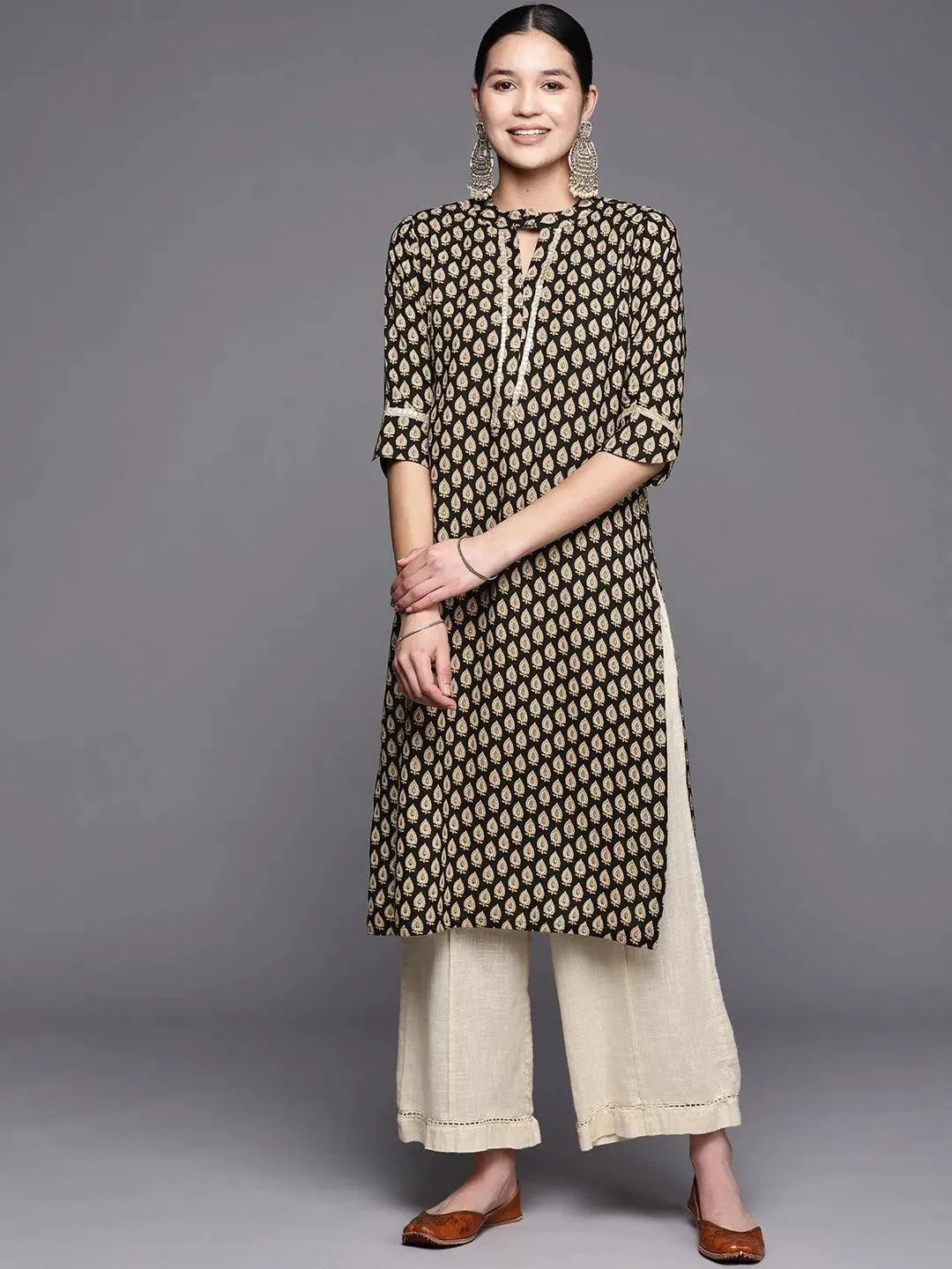 Black Printed Rayon Straight Kurta - Libas