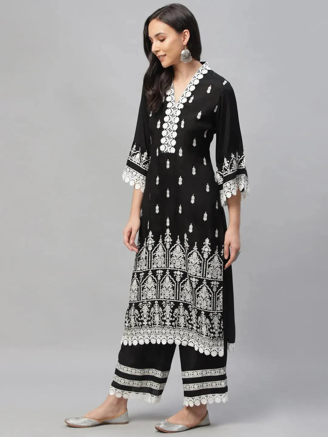 Black Printed Shantoon Kurta Set - Libas 