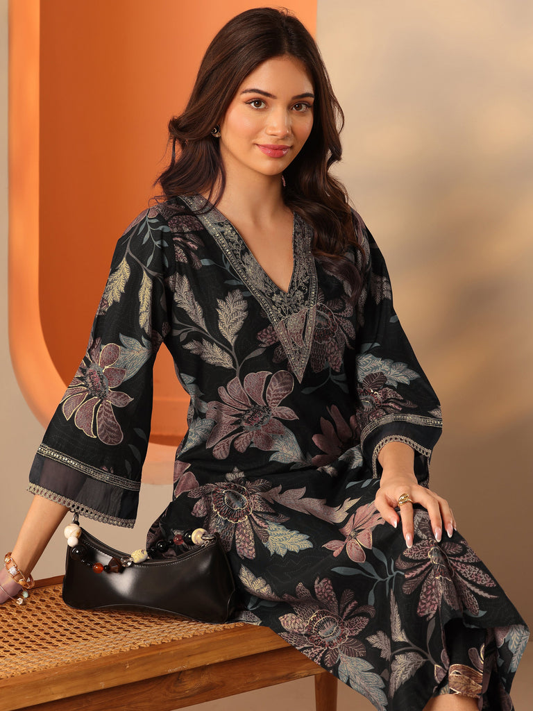 Libas Black Printed Silk Blend Co-Ord Sets